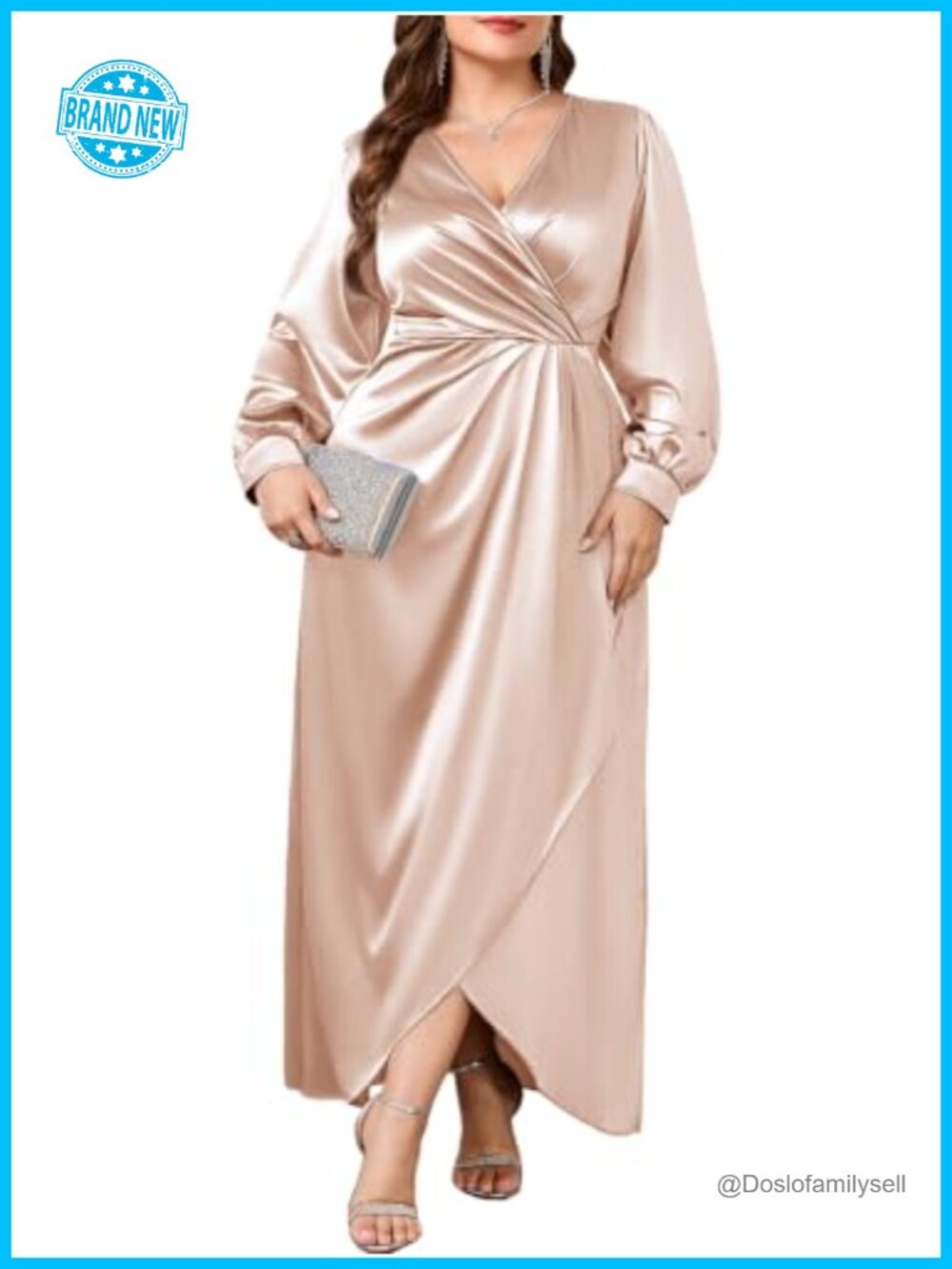 Plus Size Satin Formal Gown Ruched V Neck Wrap Maxi Dress